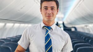 Tripulante de cabina de pasajeros masculino sonriendo dentro de un avión durante entrenamiento en GTA