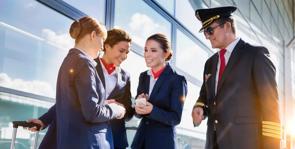 Cabin crew candidates in uniform talking with a pilot outside the airport terminal before an interview