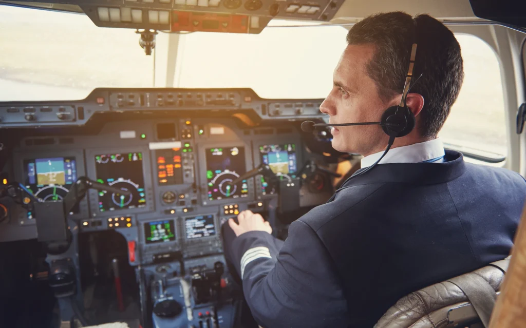 Instructor o piloto operando los controles de cabina durante simulación de vuelo en el proceso de obtención de la licencia A320 en GTA Colombia