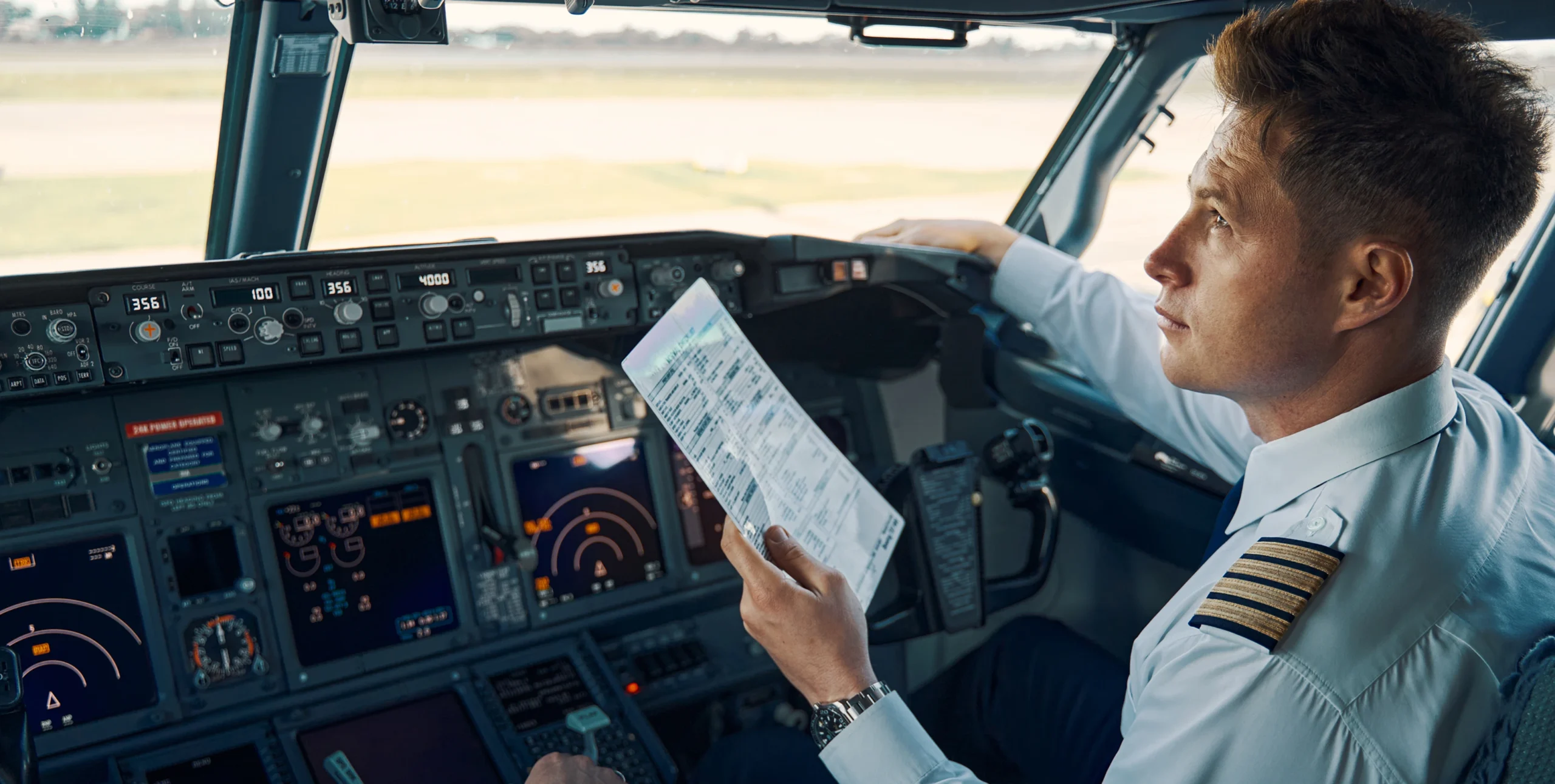 Piloto revisando la lista de chequeo dentro de la cabina del Airbus A320, destacando el nivel de seguridad y eficiencia operativa que lo convierte en una de las aeronaves más demandadas en América Latina